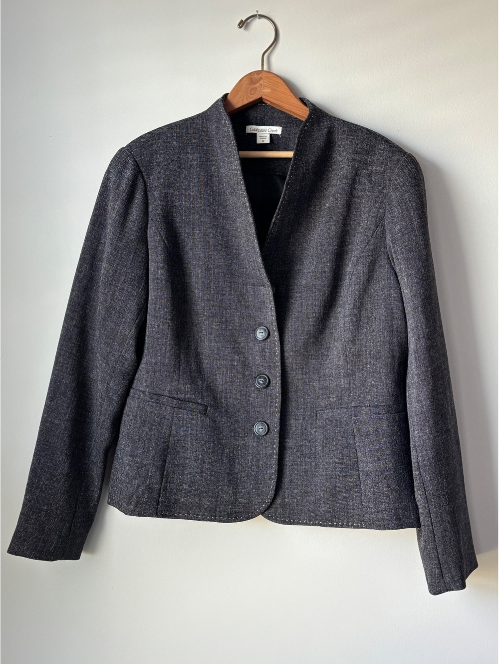 Coldwater Creek Womens Charcoal Tweed Collarless Blazer Contrast Stitch Size 12